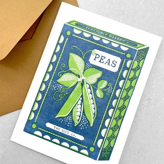 greetings card showing a blue and green vintage pack of peas by Canns Down Press