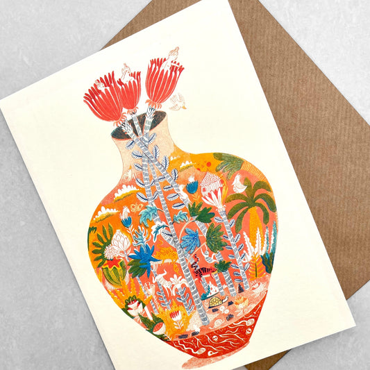 greetings card showing a vase with mythical botanical world inside by Canns Down Press