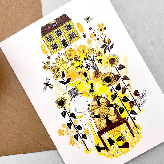 greetings card with a beekeeper and bee hive in a yellow painted garden by Canns Down Press