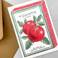 greetings card of a green and red vintage packet of tomato seeds by Canns Down Press