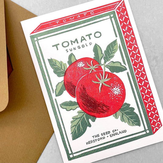 greetings card of a green and red vintage packet of tomato seeds by Canns Down Press
