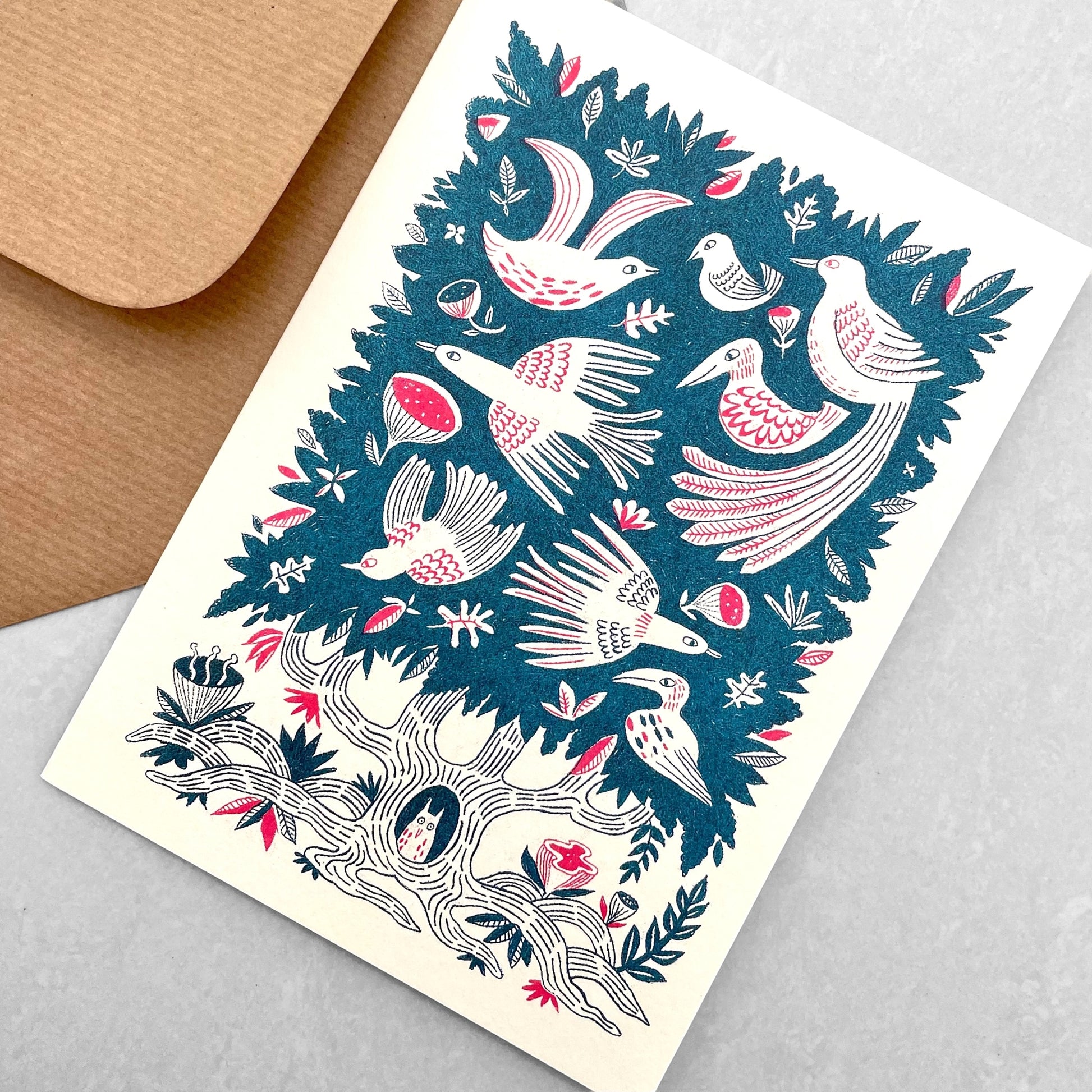 greetings card showing birds in a tree by Canns Down Press