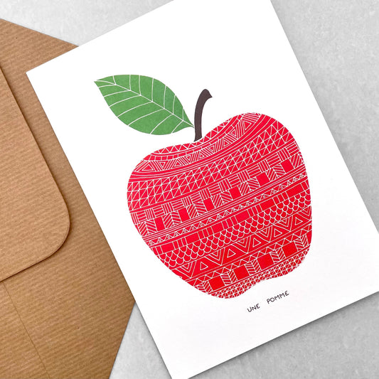 greetings card showing a patterned red apple by Canns Down Press