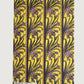 wrapping paper with a stylised pattern of lilac irises on a yellow background. Full sheet pictured