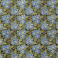 a sheet of wrapping paper with a stylised periwinkle flower design in blue and green on black