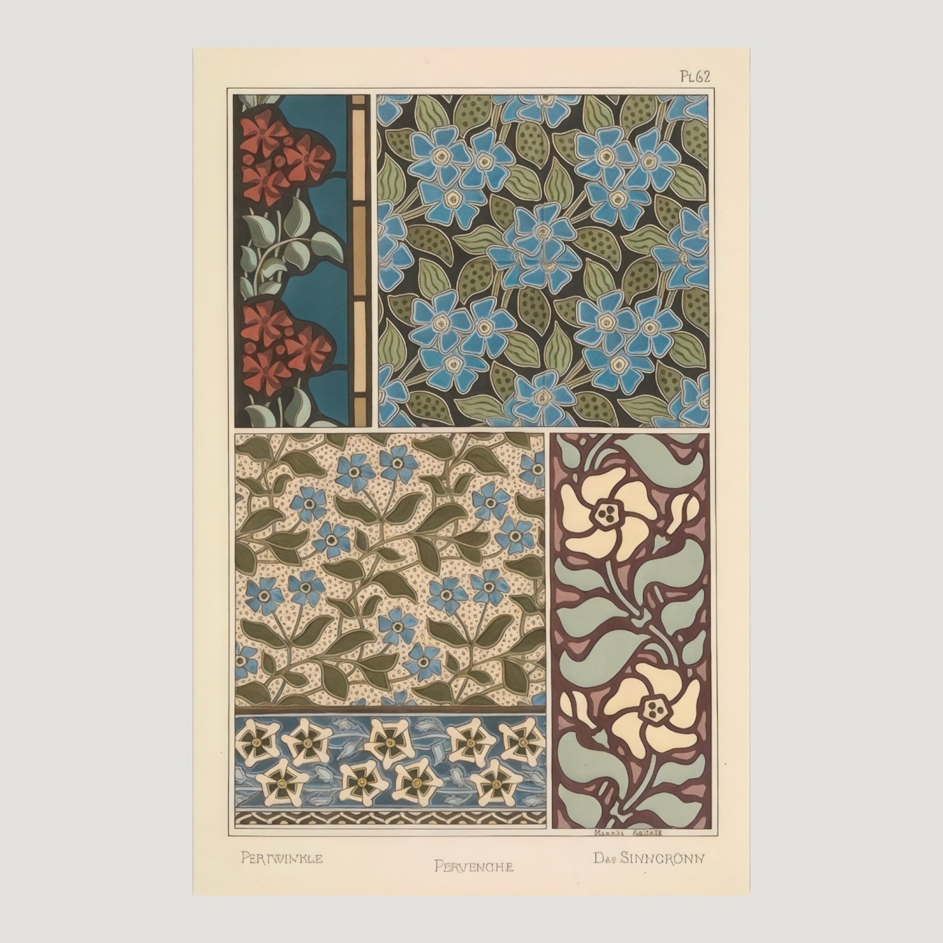 Plate 62 from the book Plants and Their Application to Ornament by Eugene Grasset showing a periwinkle flower pattern