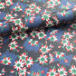 wrapping paper with a red and white flower pattern on two-toned blue background. Rolled