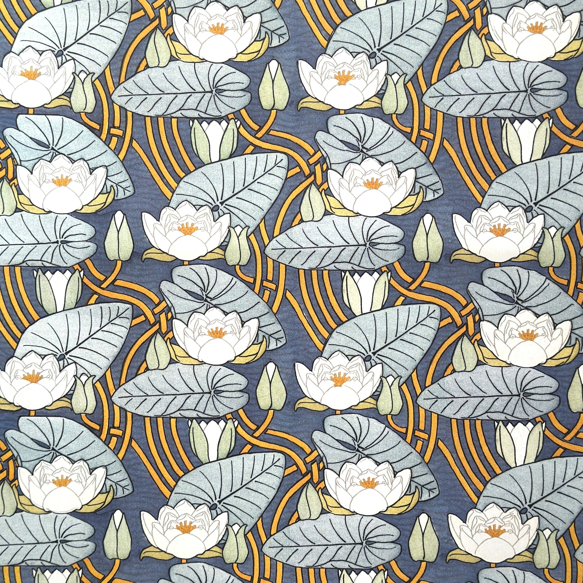 a sheet of wrapping paper with a stylised image of waterlilies in tones of blue, white and yellow  
