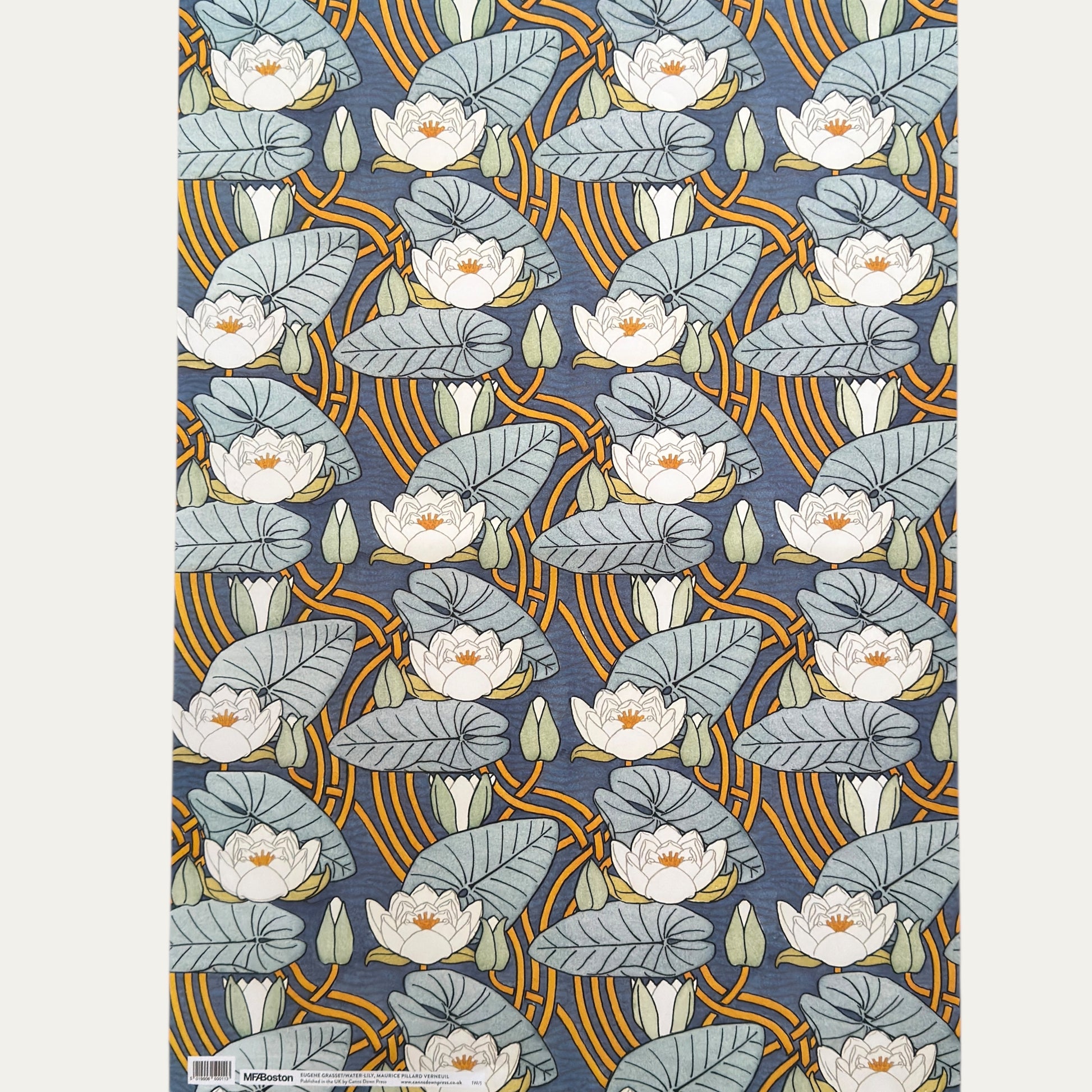 a sheet of wrapping paper with a stylised image of waterlilies in tones of blue, white and yellow. Full sheet  