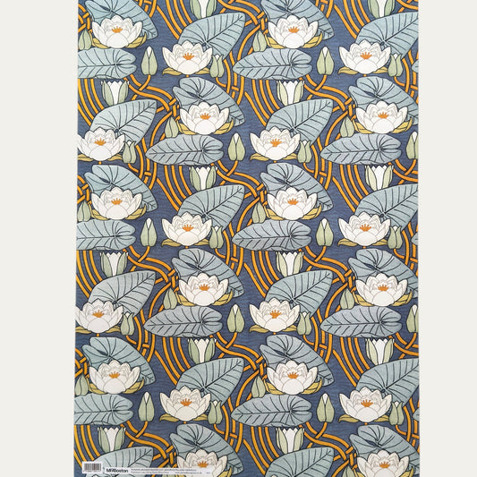 a sheet of wrapping paper with a stylised image of waterlilies in tones of blue, white and yellow. Full sheet  