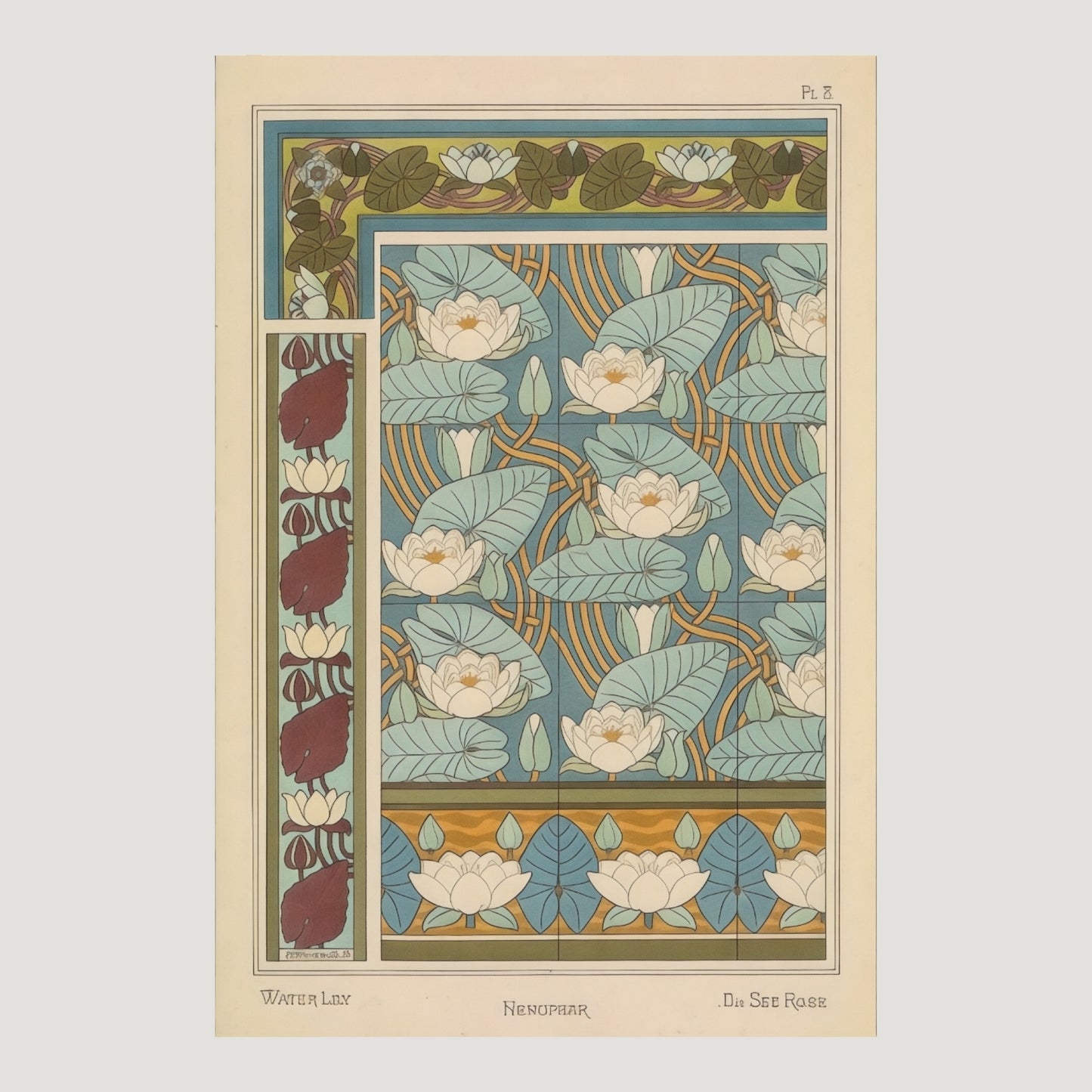 Plate 8 from the book, Plants and Their Application to Ornament by Eugene Grasset showing stylised waterlilies