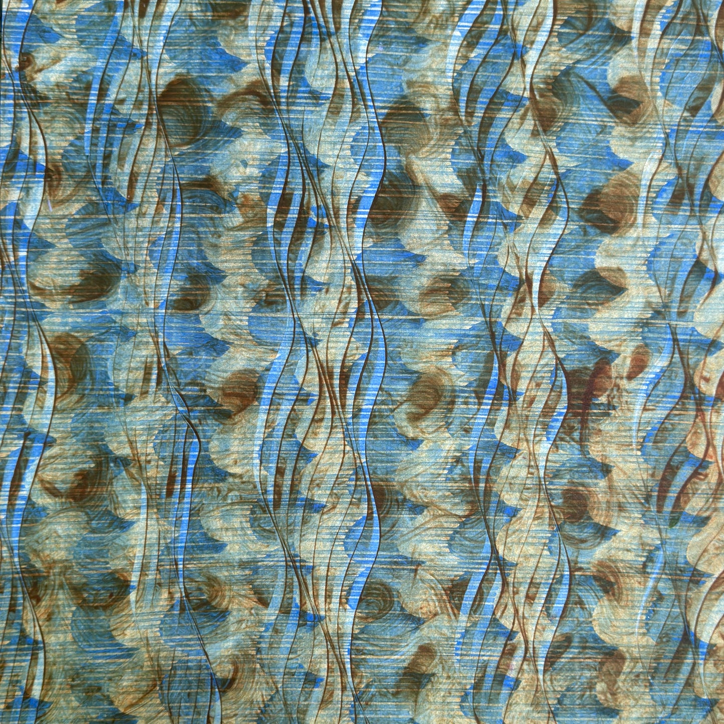 a sheet of wrapping paper with a paste paper style design in blue and brown