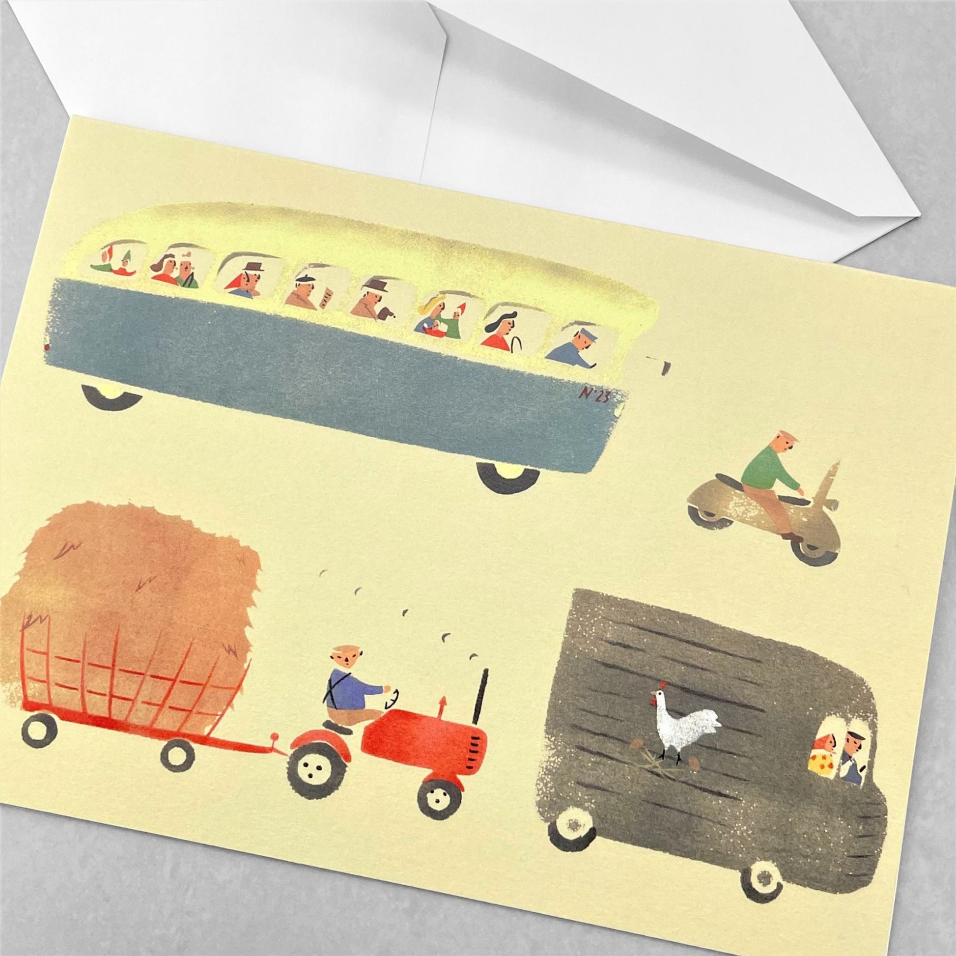 greetings card with drawings of vintage automobiles by Elizabeth Harbour