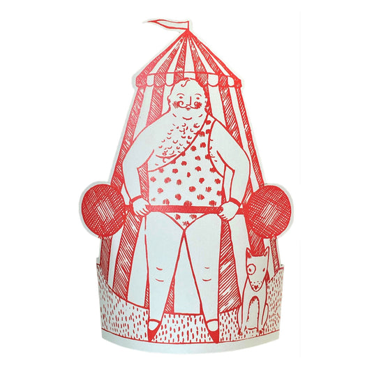 A cut-out and stand up greetings card of a circus strongman and dog, by Elizabeth Harbour