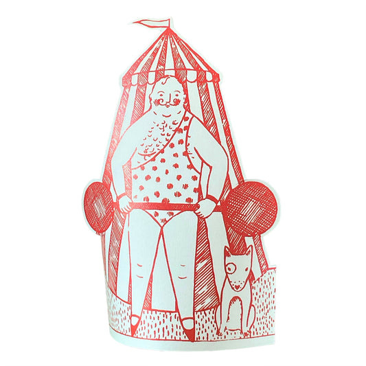 A cut-out and stand up greetings card of a circus strongman and dog, by Elizabeth Harbour