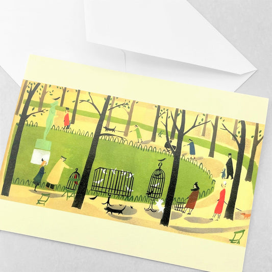 greetings card of a drawing of people walking dogs in tuileries gardens by Elizabeth Harbour