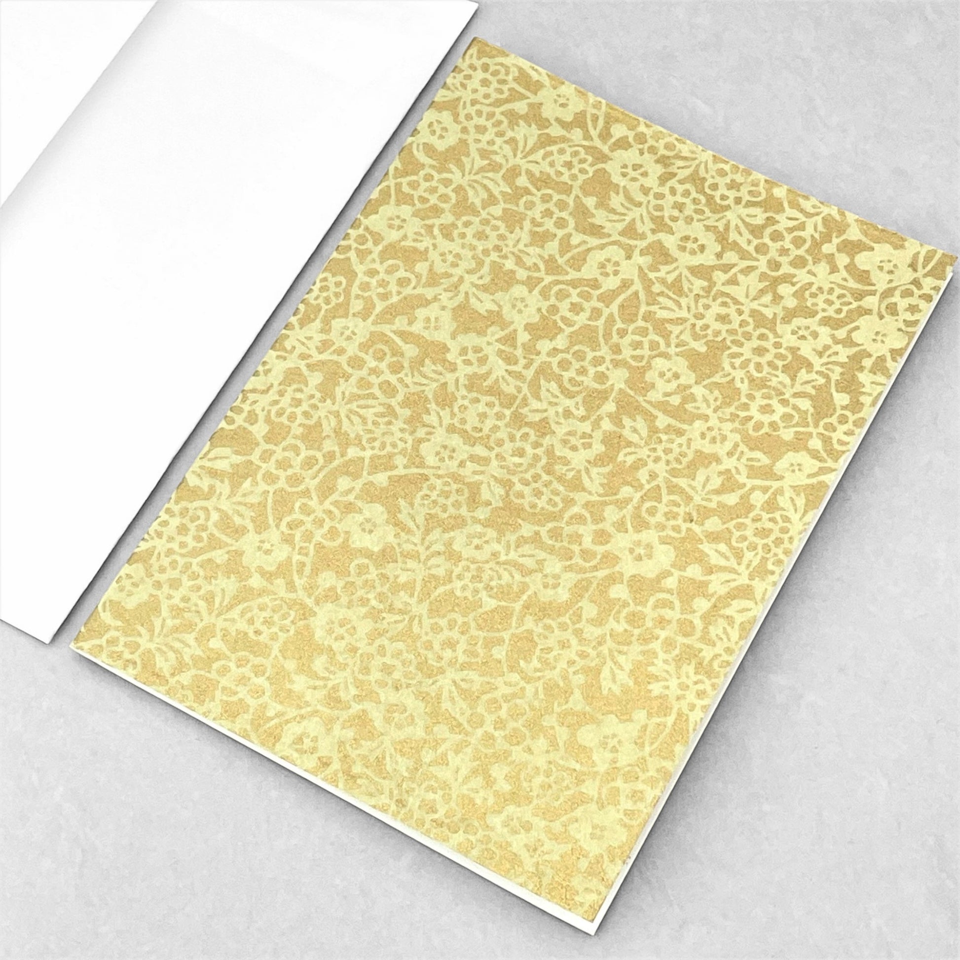 japanese silk-screen printed greetings card with a floral repeat pattern in two-tone gold by Esmie