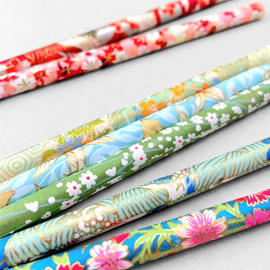 Set of seven pencils covered in assorted japanese silkscreen printed patterned papers by Esmie