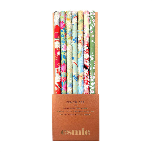 Set of seven pencils covered in assorted japanese silkscreen printed patterned papers and presented in a branded cardboard wallet by Esmie