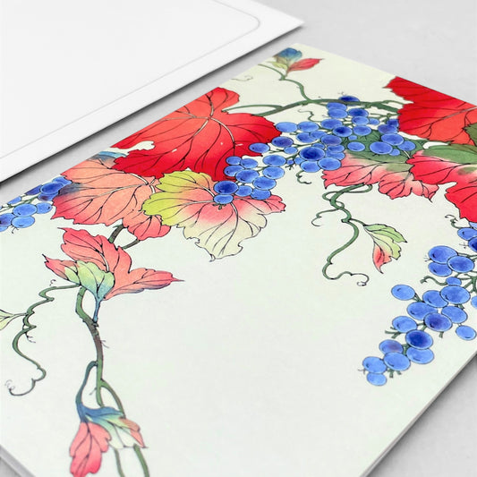 greetings card showing a colourful drawing of a grape vine in japanese style by Ezen Design