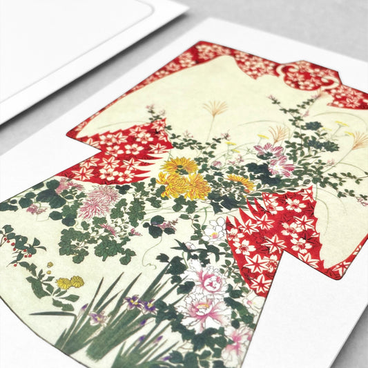 greetings card showing a drawing of a floral kimono in red, green and yellow by Ezen Design