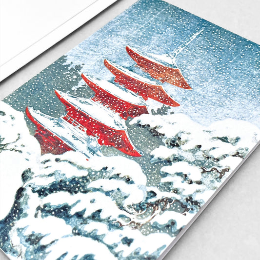 greetings card of nikko pagoda in the snow by Ezen Design
