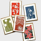 Set of five botanical-themed greeting cards with different designs on a white background