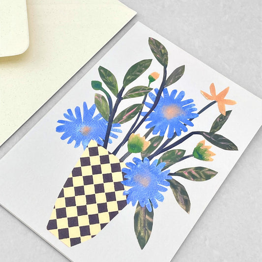 greetings card with a chequered vase and blue and yellow flowers by Hadley Paper Goods