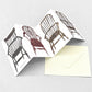 a concertina greeting card with four folds and drawings of four stick-back wooden chairs, by Hadley Paper Goods