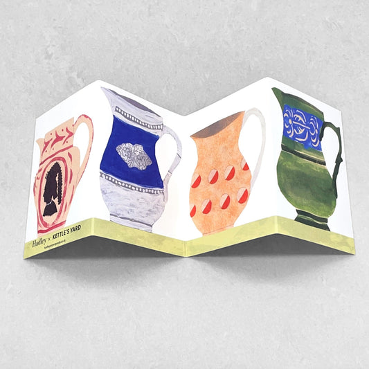 concertina greetings card of four patterned jugs on four folds, by Hadley Paper Goods