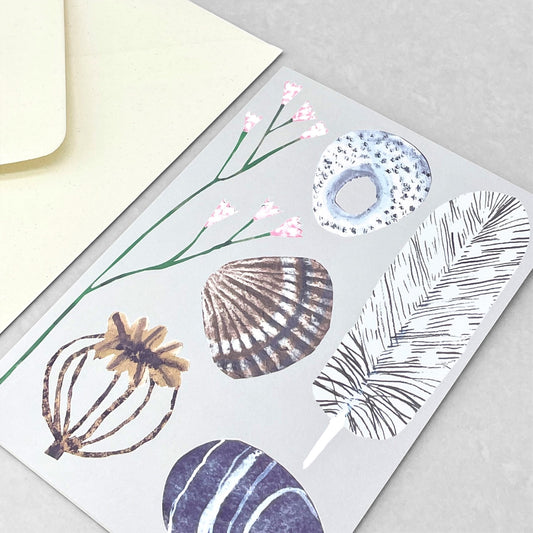 greetings card with drawings of a feather, pebble, seed head and shell by Hadley Paper Goods