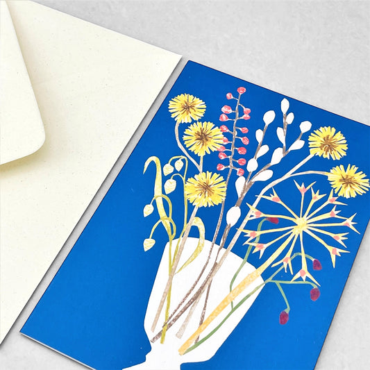 greetings card of a glass vase with flowers and blue backdrop by Hadley Paper Goods