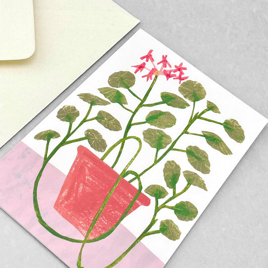 greetings card showing a drawing of a pink geranium in a terracotta pot by Hadley Paper Goods