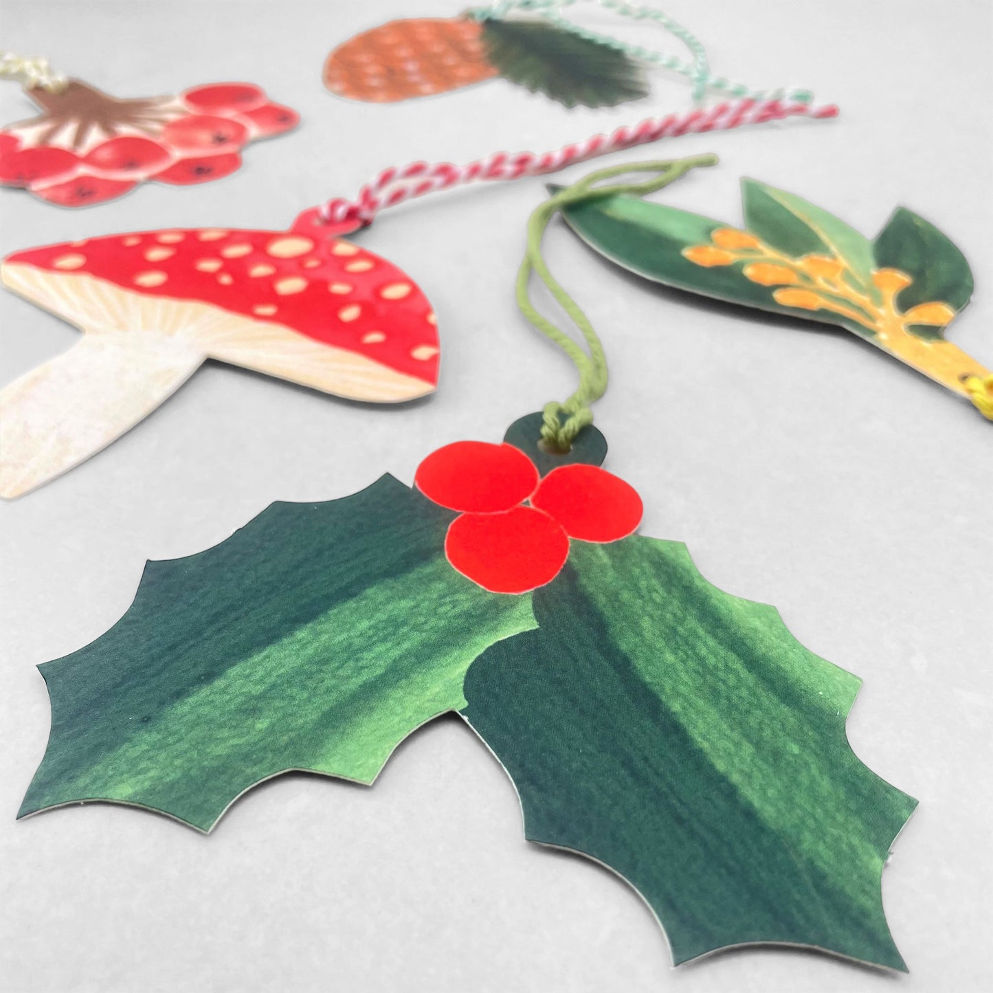 A set of five different festive plant gift tags in red, green and yellow with colourful sttring, by Hadley Paper Goods, pictured a holly leaf