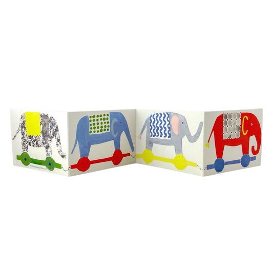 a concertina greetings card of four colourful elephants, by Hadley Paper Goods