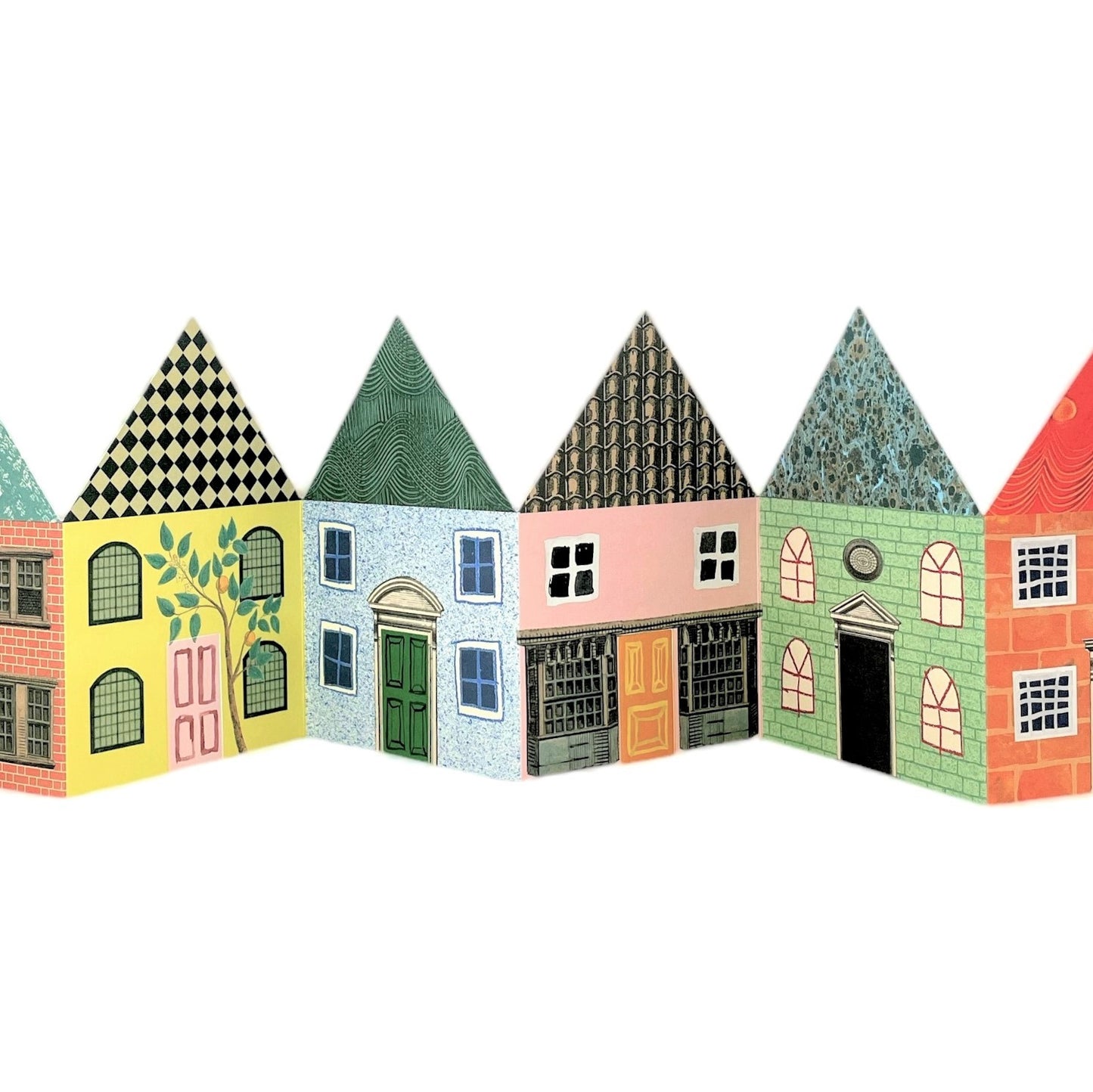 a concertina greetings card of six colourful houses by Hadley Paper Goods