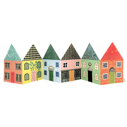 a concertina greetings card of six colourful houses by Hadley Paper Goods