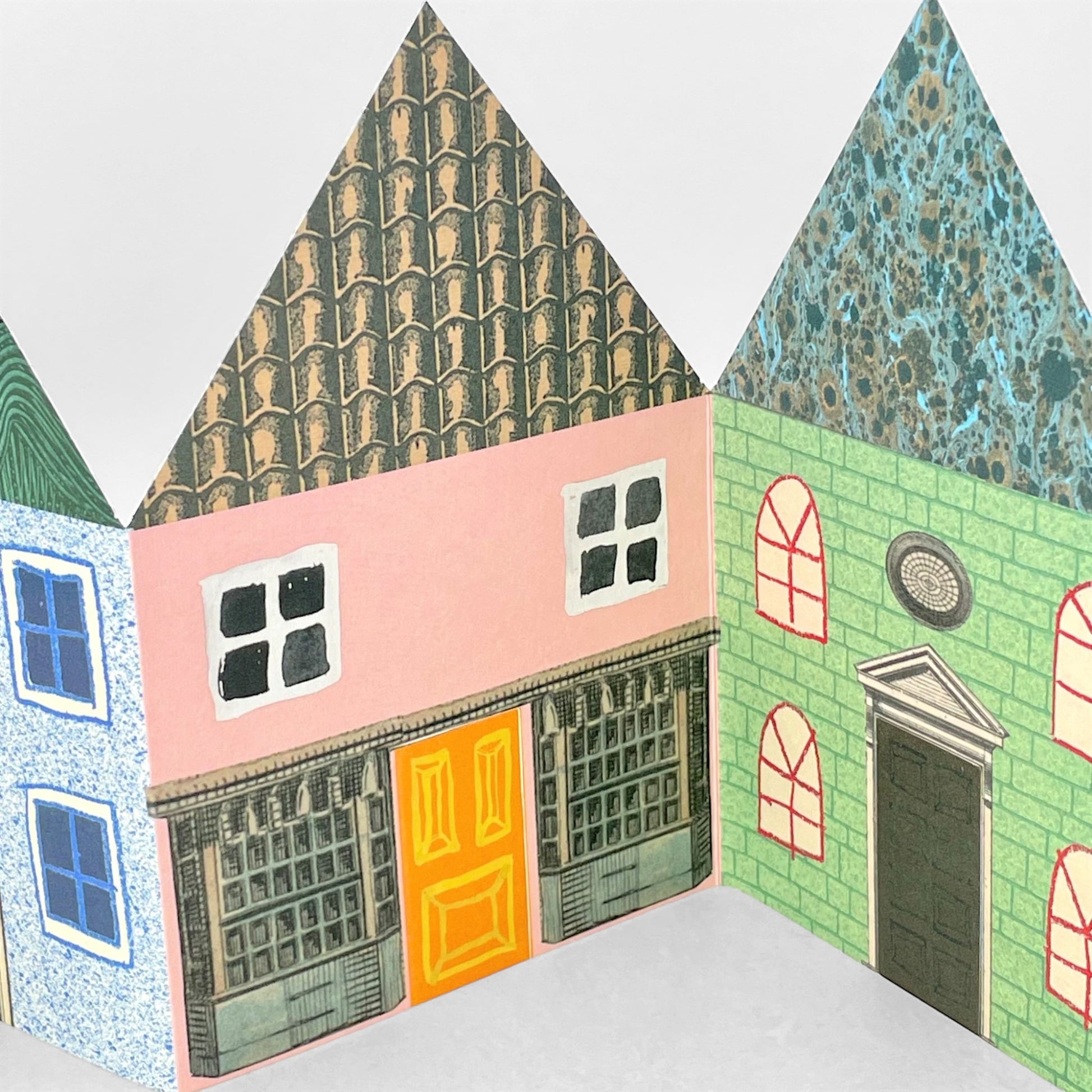 a concertina greetings card of six colourful houses by Hadley Paper Goods