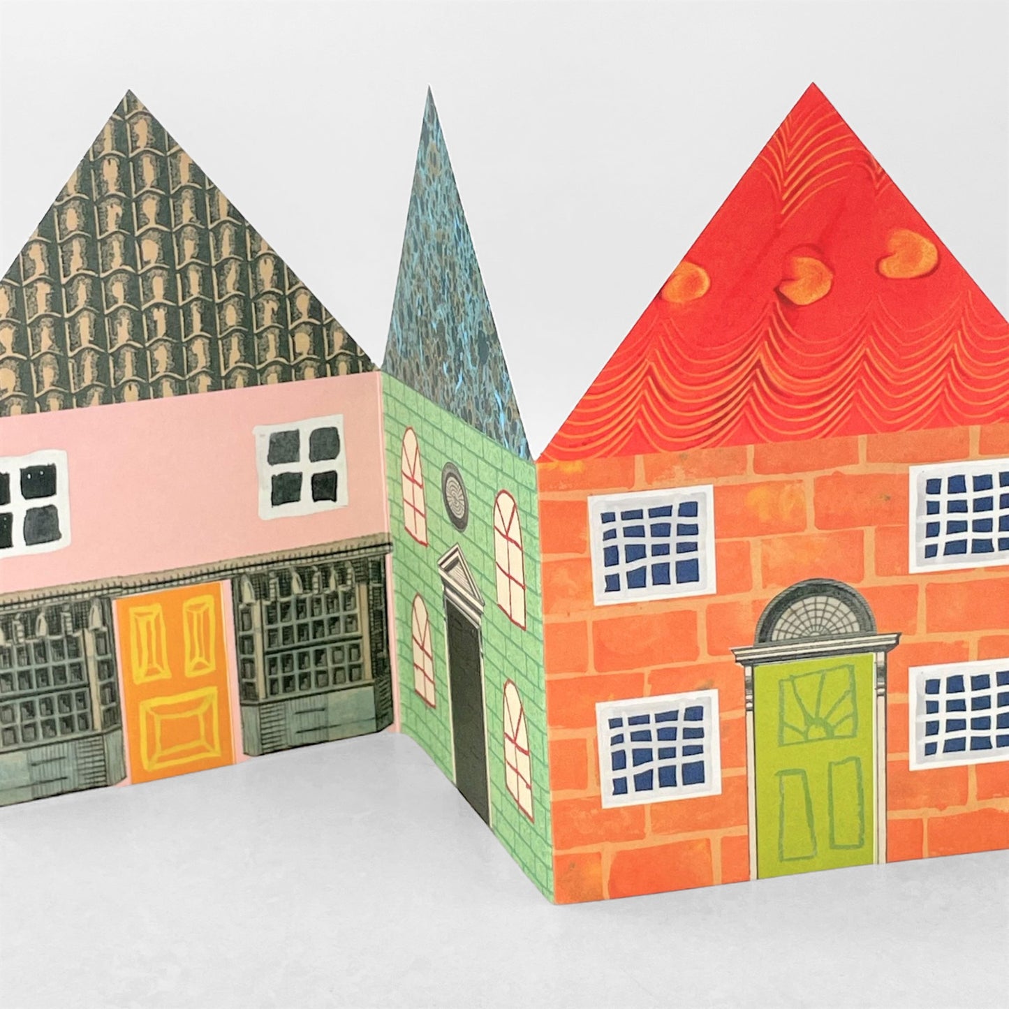 a concertina greetings card of six colourful houses by Hadley Paper Goods