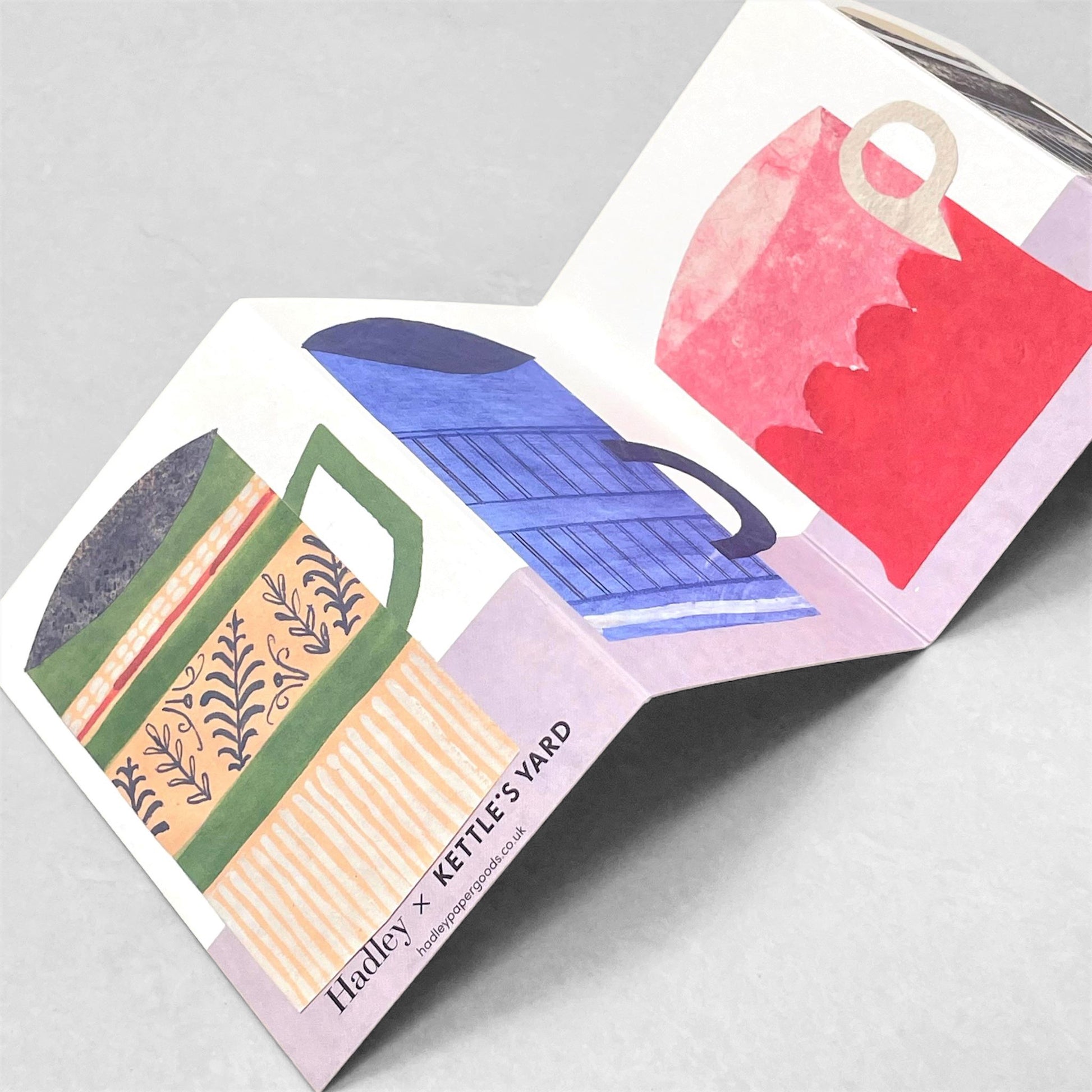 a concertina greetings card of 4 colourful mugs, by Hadley Paper Goods