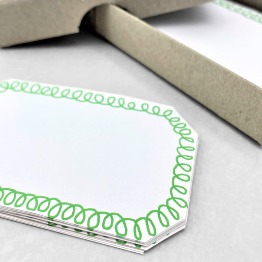 box of 50 white labels with a loopy border in green, by Hadley Paper Goods