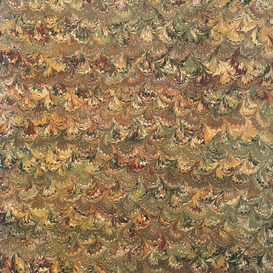 printed marbled wrapping paper by Jemma Lewis with a marbled pattern in brown, green and yellow autumnal tones