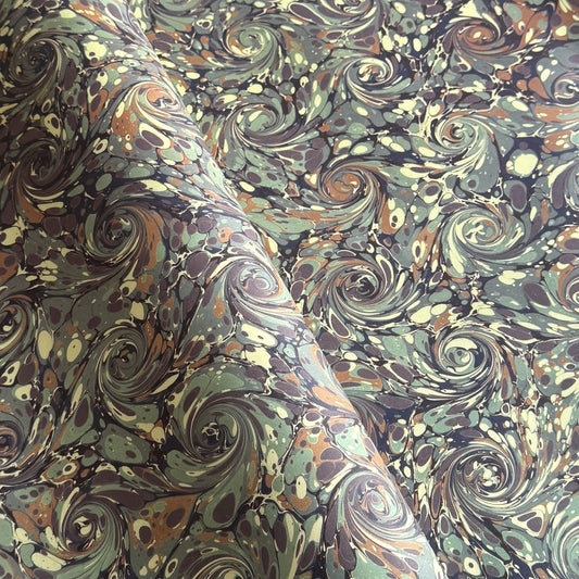 printed marble design wrapping paper by Jemma Lewis. Swirl design in inky greys and lichen greens