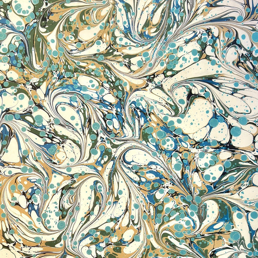 printed marbled wrapping paper with marbled pattern in aqua, blue, sand and cream