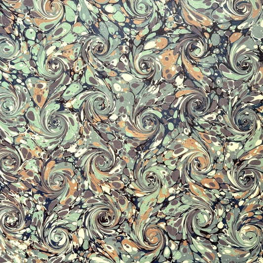 printed marble design wrapping paper by Jemma Lewis. Swirl design in inky greys and lichen greens