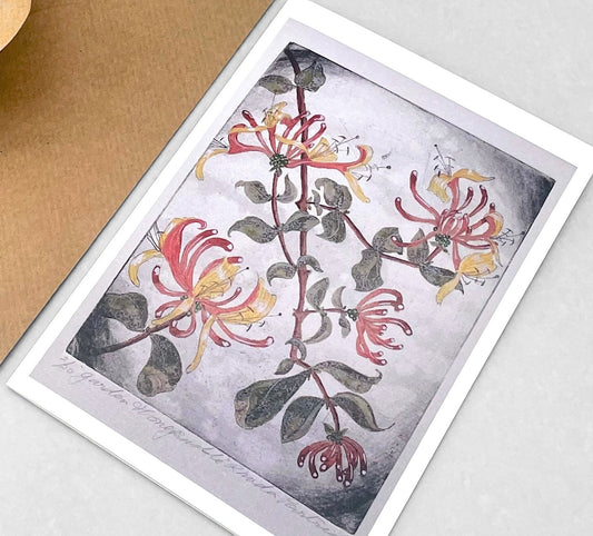 greetings card showing a painting of yellow and pink honeysuckle flowers by John Austin Publishing