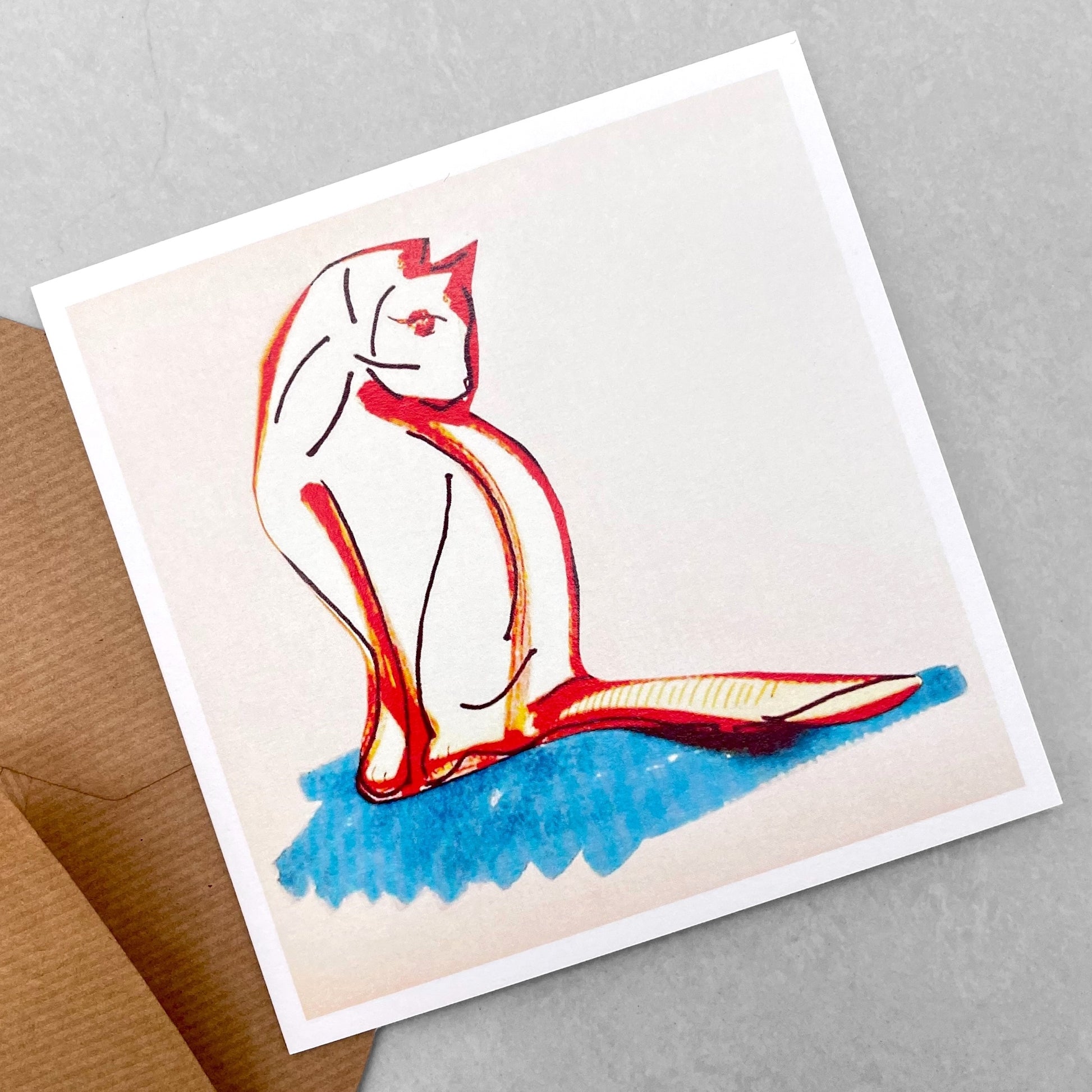 greetings card of a sketch of an orange cat on a blue floor by John Austin Publishing