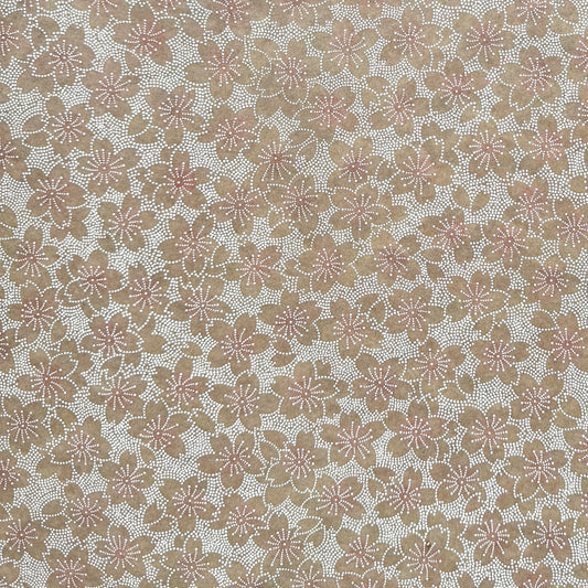 Japanese silkscreen chiyogami paper with a repeat pattern of cherry blossom flowers in taupe and white