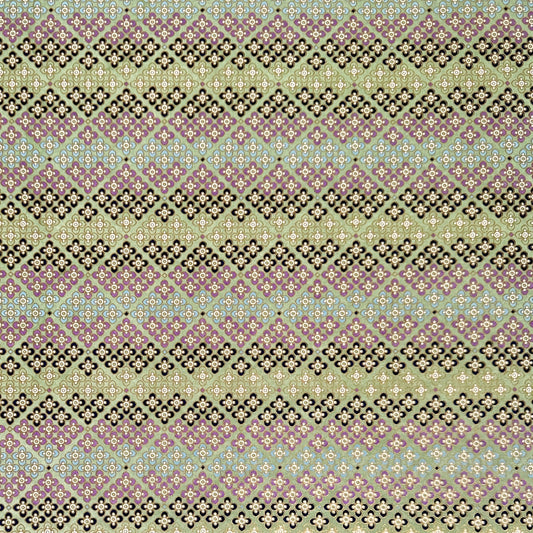Japanese silkscreen chiyogami paper with a repeat pattern of stripes of a small floral motif in black, lilac and blue on a moss green backdrop