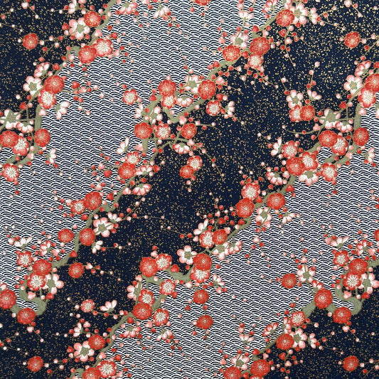 Diagonal branches of rich pink plum (ume) blossom on a midnight blue background with gold accents. Japanese chiyogami paper